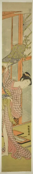 Framed Print : Young Woman Hanging a Painting, c. 1771. Creator: Isoda Koryusai Framed Print : Young Woman Hanging a Painting, c. 1771. Creator: Isoda Koryusai
