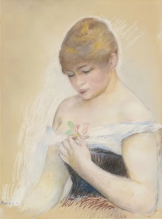 Framed Print : Young Woman Holding A Flower. Portrait of the actress Jeanne Samary, c. 1880. Artist: Renoir, Pierre Auguste (1841-1919) Framed Print : Young Woman Holding A Flower. Portrait of the actress Jeanne Samary, c. 1880. Artist: Renoir, Pierre Auguste (1841-1919)