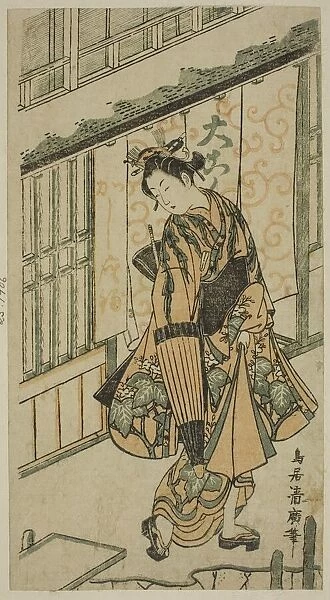 Young Woman Holding an Umbrella, c. 1750. Creator: Torii Kiyohiro
