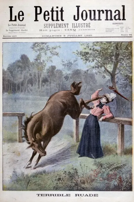 Framed Print : A young woman is kicked by a horse, 1898. Artist: Henri Meyer Framed Print : A young woman is kicked by a horse, 1898. Artist: Henri Meyer