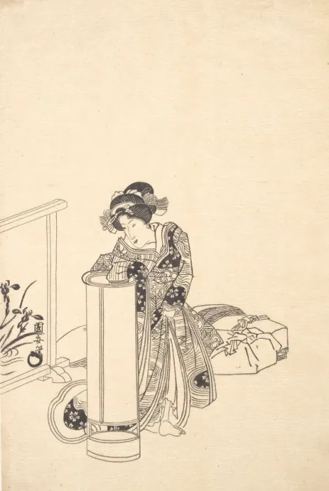 Framed Print : Young Woman Leaning over a Tall Lamp. Creator: Utagawa Kuniyasu Framed Print : Young Woman Leaning over a Tall Lamp. Creator: Utagawa Kuniyasu