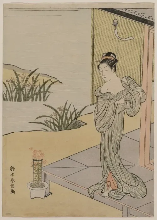 Framed Print : Young Woman Looking at a Pot of Pinks, c. 1767. Creator: Suzuki Harunobu (Japanese, 1724-1770) Framed Print : Young Woman Looking at a Pot of Pinks, c. 1767. Creator: Suzuki Harunobu (Japanese, 1724-1770)