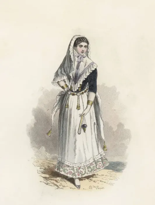 Framed Print : Young woman from Mallorca, color engraving 1870 Framed Print : Young woman from Mallorca, color engraving 1870