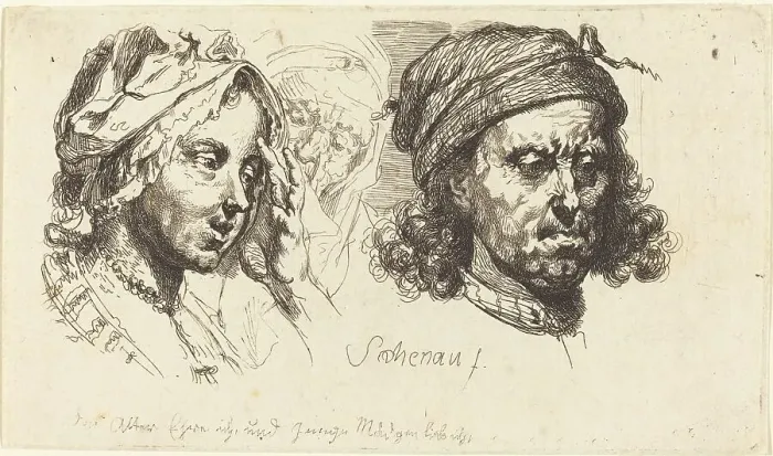 Framed Print : Young Woman, Old Woman, and Man with Long Hair, 1765. Creator: Johann Eleazar Schenau Framed Print : Young Woman, Old Woman, and Man with Long Hair, 1765. Creator: Johann Eleazar Schenau