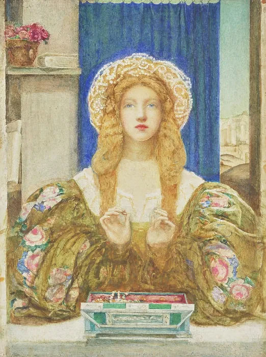 Framed Print : A young woman opening a jewel casket. Creator: Macallan Swan, Alice (1864-1939) Framed Print : A young woman opening a jewel casket. Creator: Macallan Swan, Alice (1864-1939)