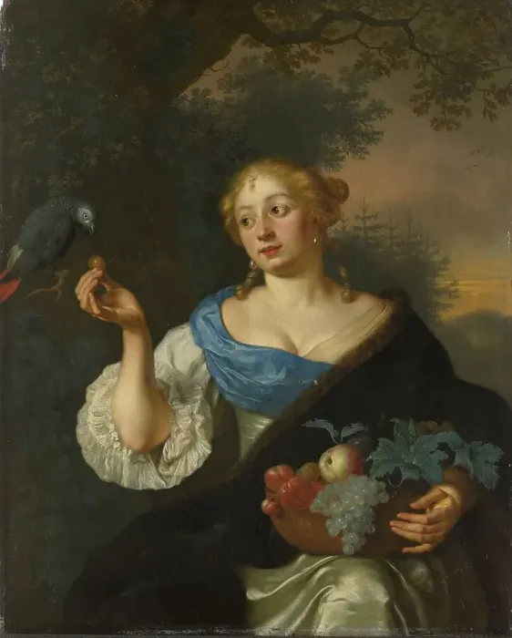Framed Print : A Young Woman with a Parrot, 1660-1680. Creator: Ary de Vois Framed Print : A Young Woman with a Parrot, 1660-1680. Creator: Ary de Vois