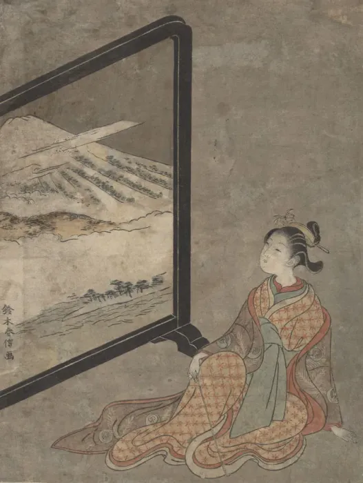 Framed Print : Young Woman with a Pipe in Her Hand Gazing at Landscape Painted on a Screen Framed Print : Young Woman with a Pipe in Her Hand Gazing at Landscape Painted on a Screen