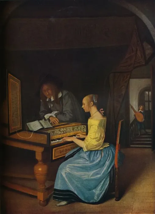 Framed Print : A Young Woman playing a Harpsichord to a Young Man, 1659. Artist: Jan Steen Framed Print : A Young Woman playing a Harpsichord to a Young Man, 1659. Artist: Jan Steen