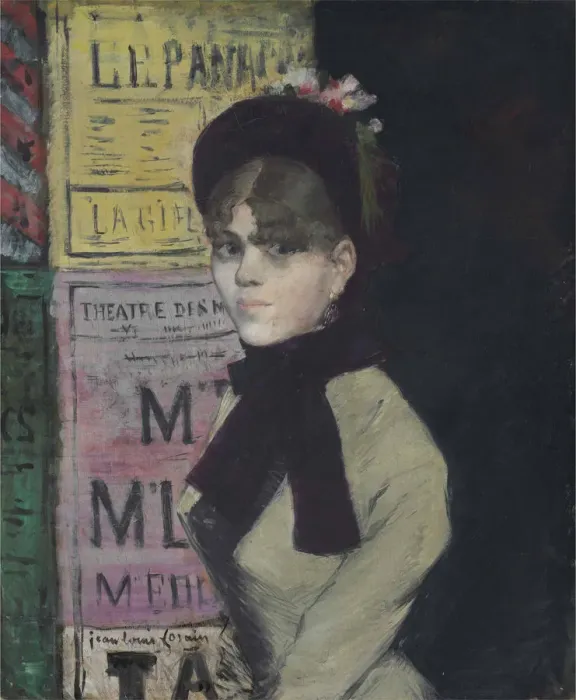 Framed Print : Young woman reading in Front of an Advertising Column, ca 1880-1885 Framed Print : Young woman reading in Front of an Advertising Column, ca 1880-1885