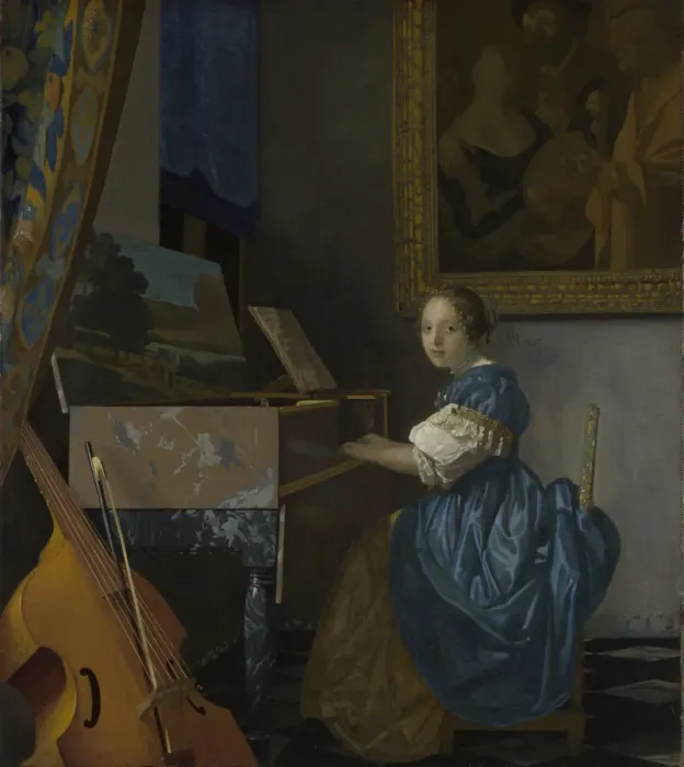 Framed Print : A Young Woman seated at a Virginal, c. 1670. Artist: Vermeer, Jan (Johannes) (1632-1675) Framed Print : A Young Woman seated at a Virginal, c. 1670. Artist: Vermeer, Jan (Johannes) (1632-1675)