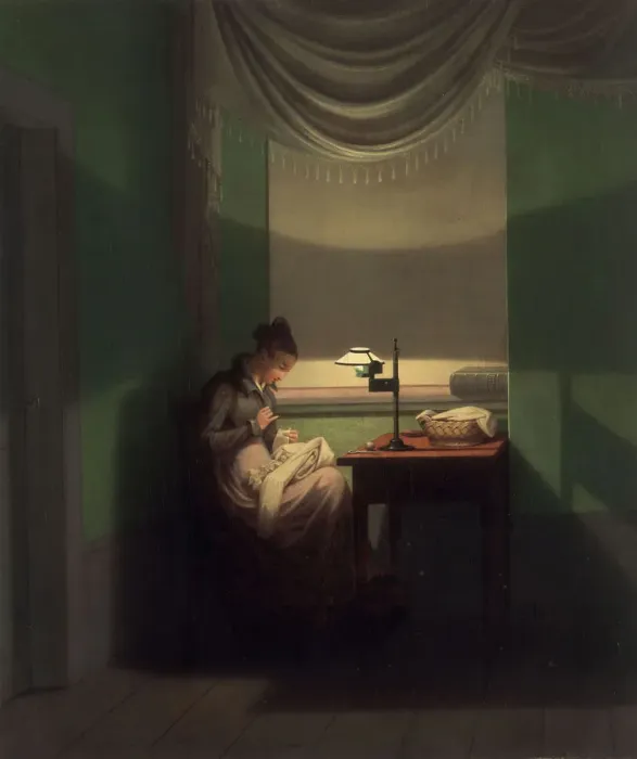Framed Print : Young Woman Sewing by the Light of a Lamp, 1823 Framed Print : Young Woman Sewing by the Light of a Lamp, 1823