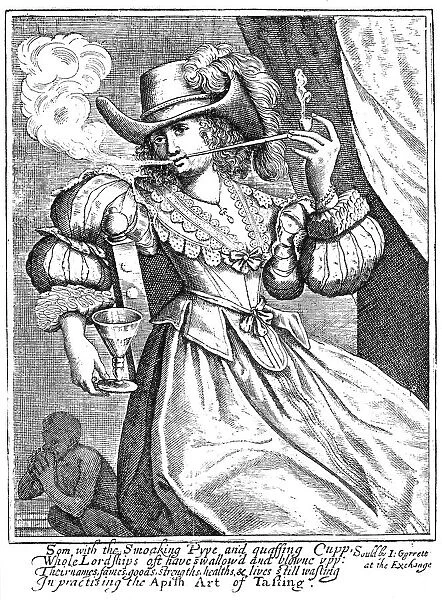 Young woman smoking a clay pipe and holding a wine glass, 17th century