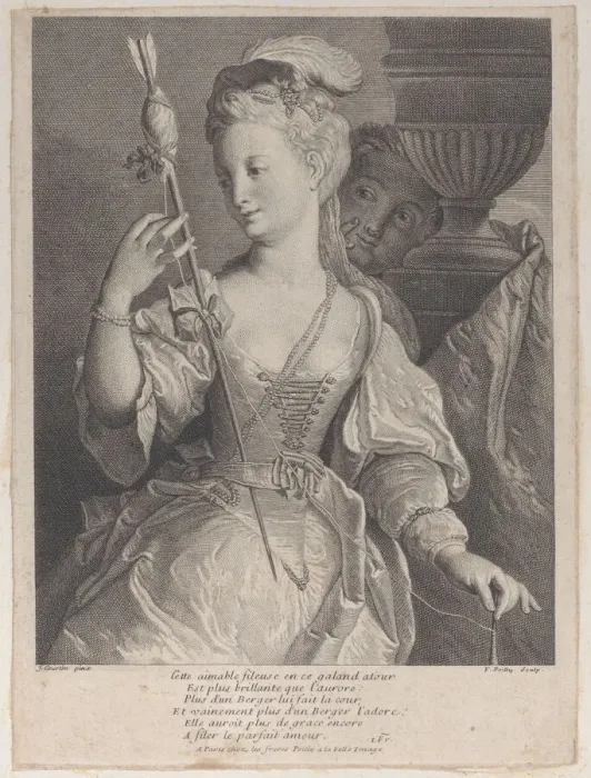 Framed Print : Young woman spinning thread for an arrow, 1686-1741. Creator: Francois de Poilly Framed Print : Young woman spinning thread for an arrow, 1686-1741. Creator: Francois de Poilly