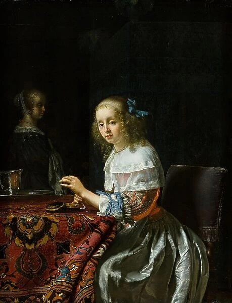 Young Woman Threading Pearls, 1658. Creator: Mieris, Frans van, the Elder (1635-1681)