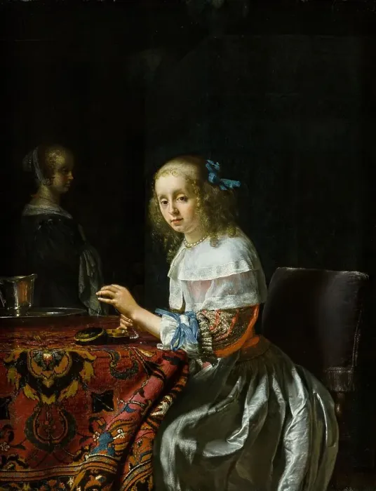 Framed Print : Young Woman Threading Pearls, 1658. Creator: Mieris, Frans van, the Elder (1635-1681) Framed Print : Young Woman Threading Pearls, 1658. Creator: Mieris, Frans van, the Elder (1635-1681)