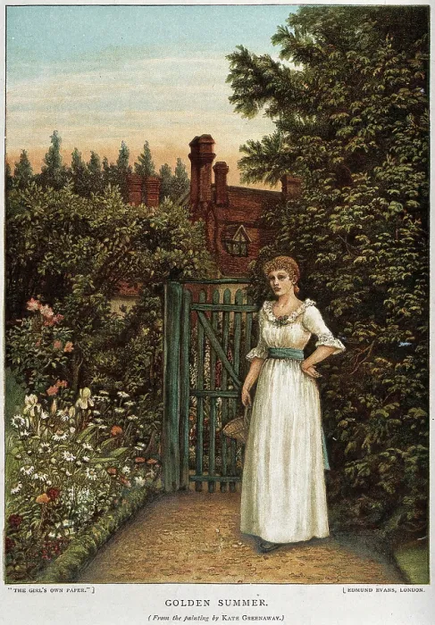 Framed Print : A young woman waiting in a garden by the gate, c1880s. Creator: Unknown Framed Print : A young woman waiting in a garden by the gate, c1880s. Creator: Unknown
