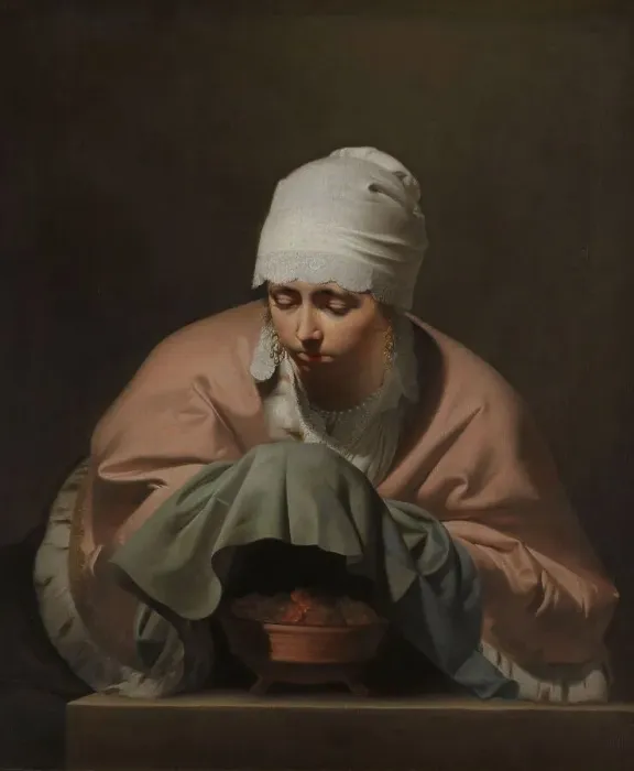 Framed Print : A Young Woman Warming her Hands over a Brazier: Allegory of Winter, c.1644-c.1648. Creator: Caesar Boëtius van Everdingen Framed Print : A Young Woman Warming her Hands over a Brazier: Allegory of Winter, c.1644-c.1648. Creator: Caesar Boëtius van Everdingen
