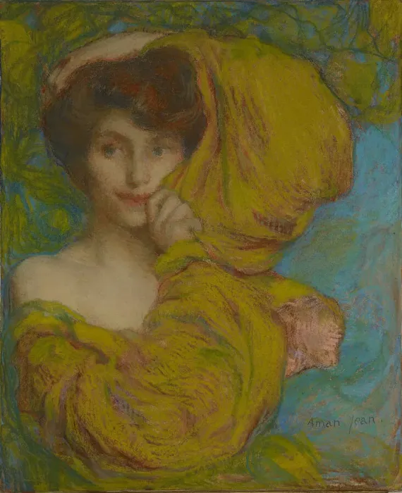 Framed Print : Young woman with yellow scarf, c. 1900. Creator: Aman-Jean Framed Print : Young woman with yellow scarf, c. 1900. Creator: Aman-Jean