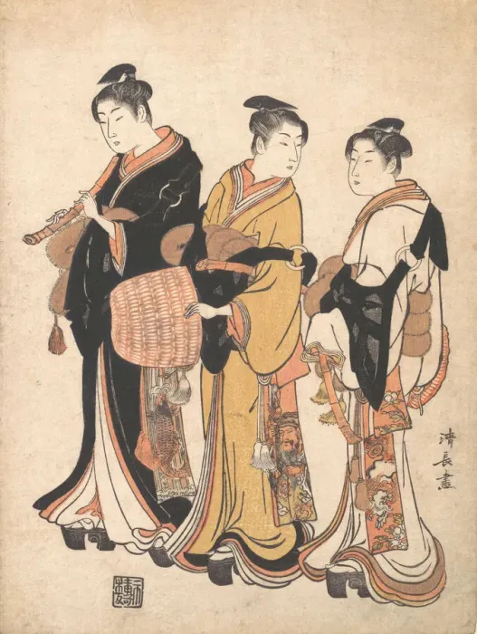 Framed Print : Three Young Women Masquerading as Komuso (Strolling Minstrel), ca. 1778 Framed Print : Three Young Women Masquerading as Komuso (Strolling Minstrel), ca. 1778