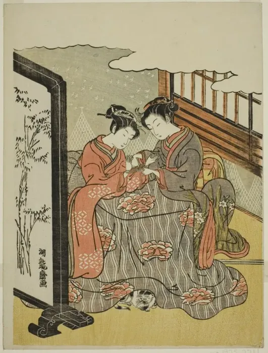 Framed Print : Two Young Women Playing Cats Cradle, c. 1769. Creator: Isoda Koryusai