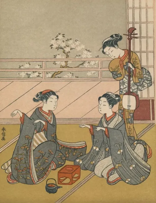 Framed Print : Young Women Playing Kitsune-ken, c1768. Artist: Suzuki Harunobu Framed Print : Young Women Playing Kitsune-ken, c1768. Artist: Suzuki Harunobu