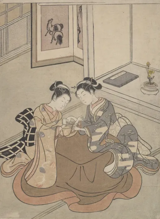 Framed Print : Two Young Women Seated by a Kotatsu Playing Cats Cradle, ca. 1765. ca. 1765 Framed Print : Two Young Women Seated by a Kotatsu Playing Cats Cradle, ca. 1765. ca. 1765