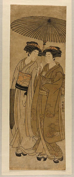 Two Young Women Walking Under an Umbrella, c. 1777. Creator: Isoda Koryusai