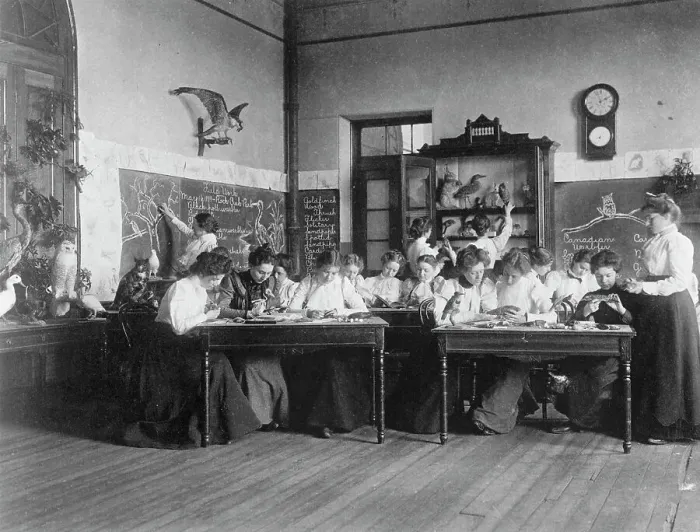 Framed Print : Young women in Washington, D.C. Normal School classroom studying birds, (1899?). Creator: Frances Benjamin Johnston Framed Print : Young women in Washington, D.C. Normal School classroom studying birds, (1899?). Creator: Frances Benjamin Johnston