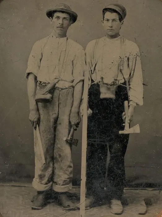 Framed Print : Two Young Workmen with Hatchets, 1860s-70s. Creator: Unknown Framed Print : Two Young Workmen with Hatchets, 1860s-70s. Creator: Unknown