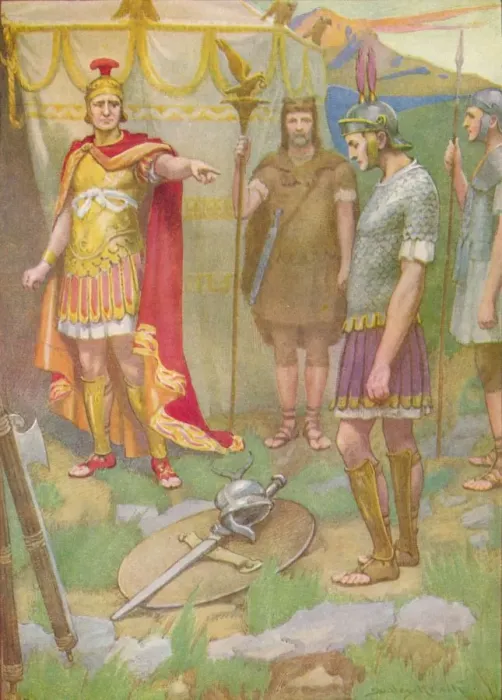 Framed Print : The youth laid the arms he had taken from his foe at his fathers feet, c1912 (1912). Artist: Ernest Dudley Heath Framed Print : The youth laid the arms he had taken from his foe at his fathers feet, c1912 (1912). Artist: Ernest Dudley Heath