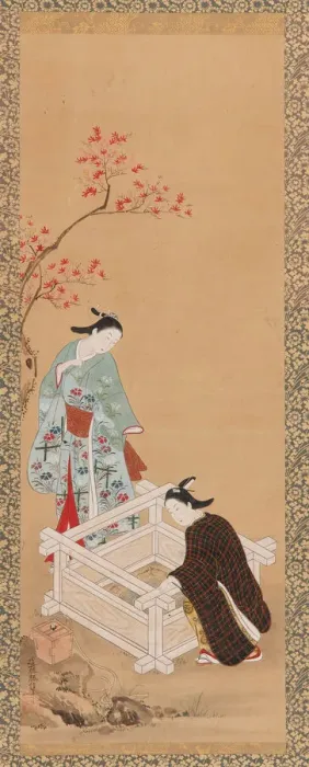 Framed Print : Youth and a maiden near a well, Edo period, 1615-1868. Creator: Unknown Framed Print : Youth and a maiden near a well, Edo period, 1615-1868. Creator: Unknown
