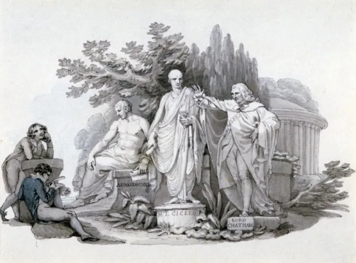 Framed Print : Two Youths contemplating Statues of Demosthenes, Cicero and Pitt, c1780-1848