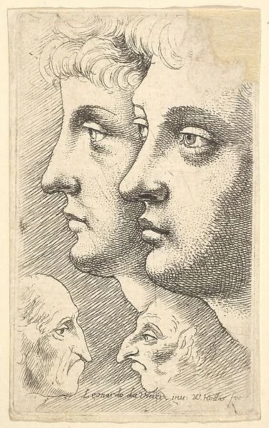 Two youths in profile to left with two grotesque heads facing each other below, 1625-77