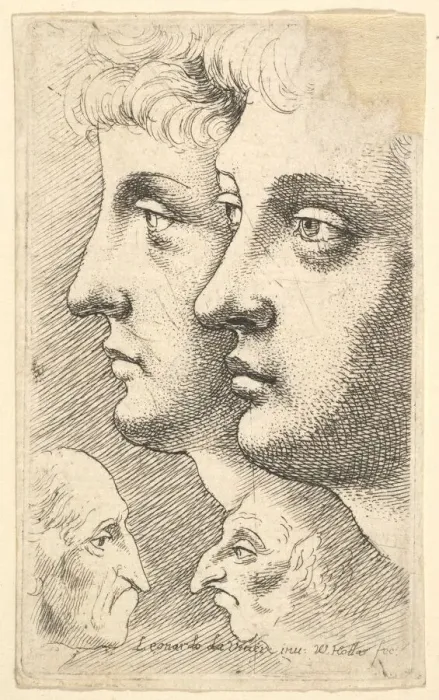Framed Print : Two youths in profile to left with two grotesque heads facing each other below, 1625-77 Framed Print : Two youths in profile to left with two grotesque heads facing each other below, 1625-77