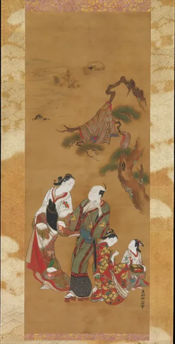 Framed Print : Yukihira and Two Brinemaidens at Suma, 18th century. Creator: Okumura Masanobu Framed Print : Yukihira and Two Brinemaidens at Suma, 18th century. Creator: Okumura Masanobu