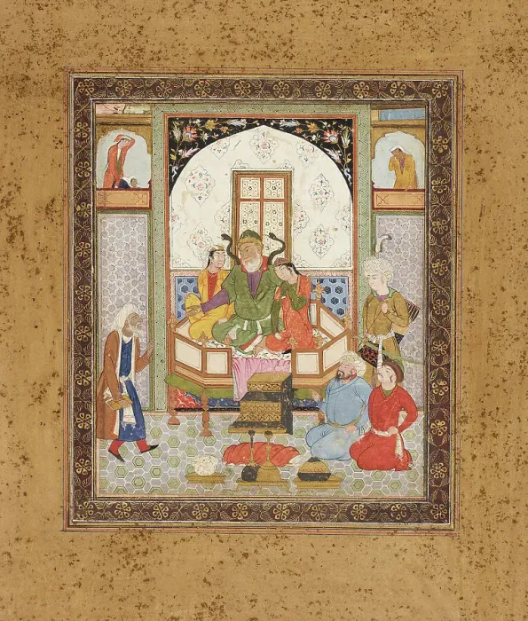 Framed Print : Zahhak Enthroned with the Two Daughters of Jamshid, Page from a Manuscript of the Shahnama... c1615 Creator: Unknown Framed Print : Zahhak Enthroned with the Two Daughters of Jamshid, Page from a Manuscript of the Shahnama... c1615 Creator: Unknown