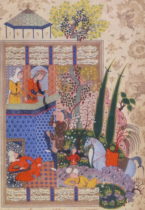 Framed Print : Zal climbing up to the balcony of Rudab, c1590-c1595. Creator: Unknown Framed Print : Zal climbing up to the balcony of Rudab, c1590-c1595. Creator: Unknown