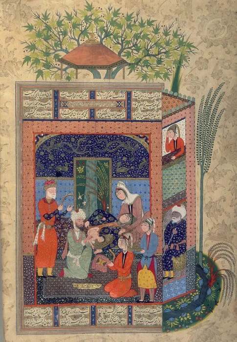 Framed Print : Zal holding the simurgh's feather during the birth of Rustam, c1590-c1595