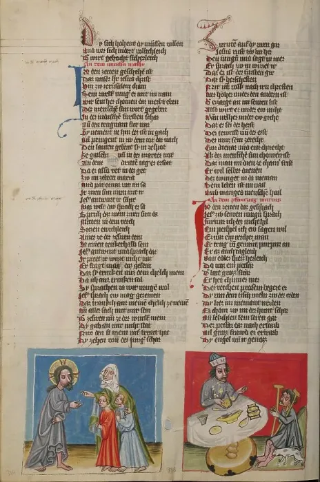 Framed Print : Zebedee's Wife with her Sons before Jesus: Dives and Lazarus; Weltchronik, about 1400-1410. Creator: Unknown Framed Print : Zebedee's Wife with her Sons before Jesus: Dives and Lazarus; Weltchronik, about 1400-1410. Creator: Unknown