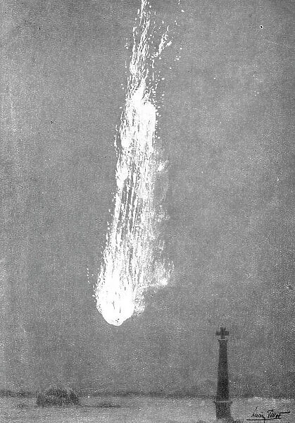 Un Zeppelin abattu a Revigny; La fin de la chute: la carcasse est silhouettee par la masse des flam Creator: Unknown