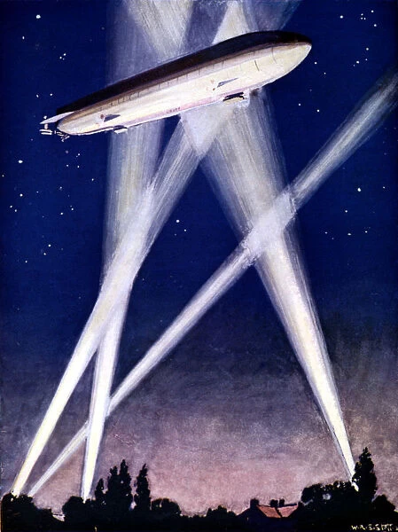 Zeppelin airship caught in searchlights during a bombing raid over England, 1916