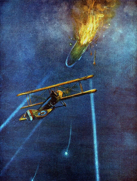 Zeppelin airship shot down at Cuffley, near Enfield, during bombing raid on London, 1916
