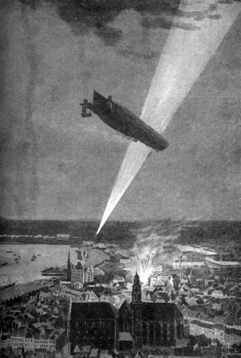Framed Print : Zeppelin bombardment of Antwerp, First World War, 24 August 1914. Artist: RG Mathews Framed Print : Zeppelin bombardment of Antwerp, First World War, 24 August 1914. Artist: RG Mathews