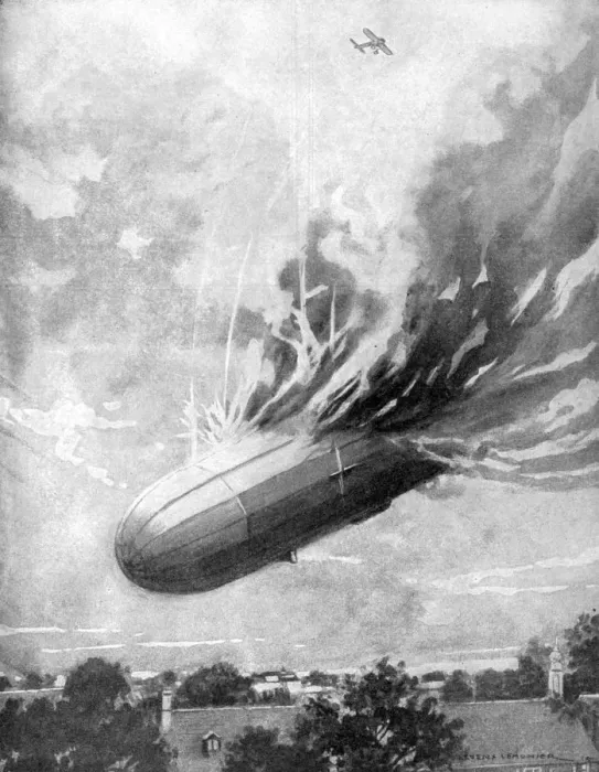Framed Print : Zeppelin destroyed by an English aviator, 1915. Artist: Lemonier Framed Print : Zeppelin destroyed by an English aviator, 1915. Artist: Lemonier