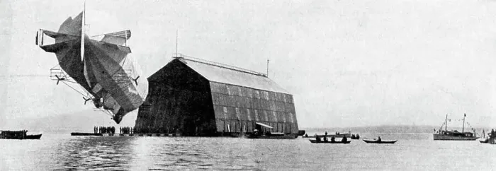 Framed Print : A Zeppelin entering its floating shed, c 1900, (c1920) Framed Print : A Zeppelin entering its floating shed, c 1900, (c1920)