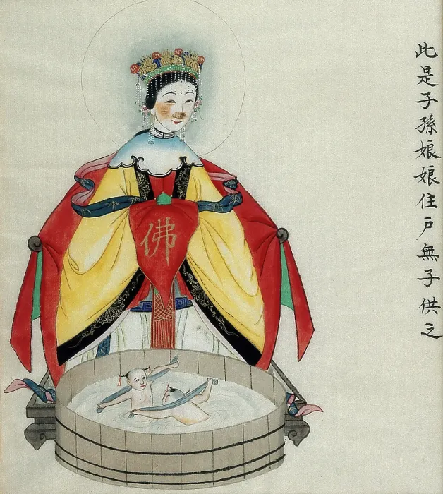 Framed Print : Zi Sunliang, a Chinese goddess, with two babies (?) bathing in front of her, 1800-1899. Creator: Unknown Framed Print : Zi Sunliang, a Chinese goddess, with two babies (?) bathing in front of her, 1800-1899. Creator: Unknown