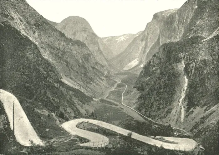 Framed Print : The Zig-Zag road and Waterfalls, Stalheim, Norway, 1895. Creator: Poulton & Co Framed Print : The Zig-Zag road and Waterfalls, Stalheim, Norway, 1895. Creator: Poulton & Co