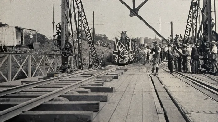 Framed Print : Zimbabwe: people and a flag-covered train at the opening of Victoria Bridge, 1905. Creator: J Lomas Framed Print : Zimbabwe: people and a flag-covered train at the opening of Victoria Bridge, 1905. Creator: J Lomas