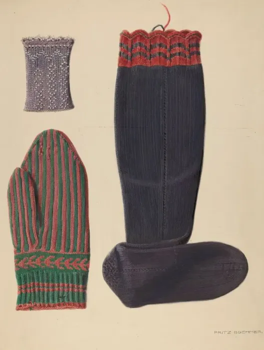 Framed Print : Zoar Beaded Wristlet, Mitten and Sock, c. 1938. Creator: Fritz Boehmer Framed Print : Zoar Beaded Wristlet, Mitten and Sock, c. 1938. Creator: Fritz Boehmer