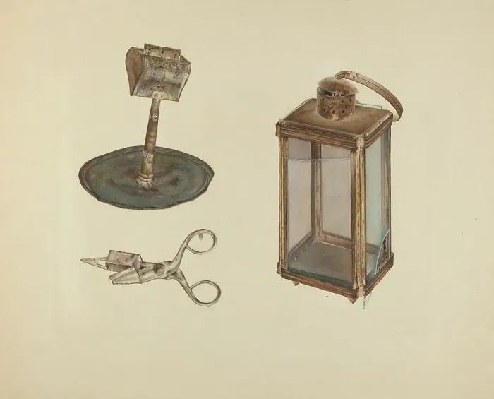 Framed Print : Zoar Candlestick, Snuffer and Lantern, c. 1938. Creator: Orville Cline Framed Print : Zoar Candlestick, Snuffer and Lantern, c. 1938. Creator: Orville Cline